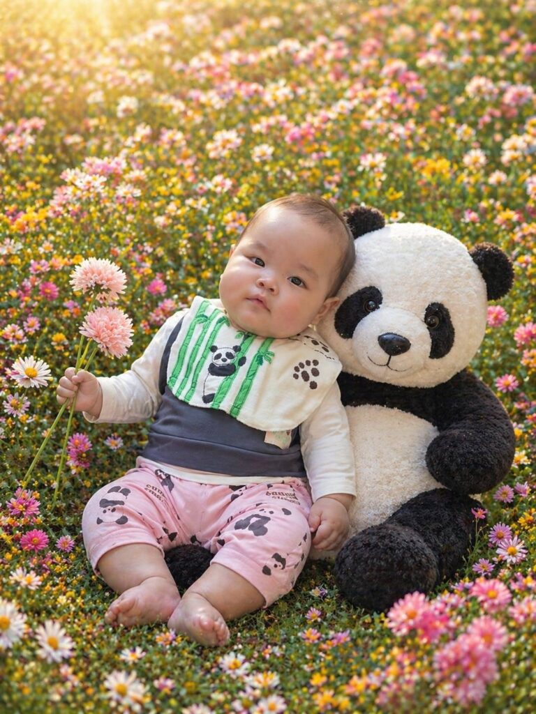 パンダのぬいぐるみの隣にすわる赤ちゃん
