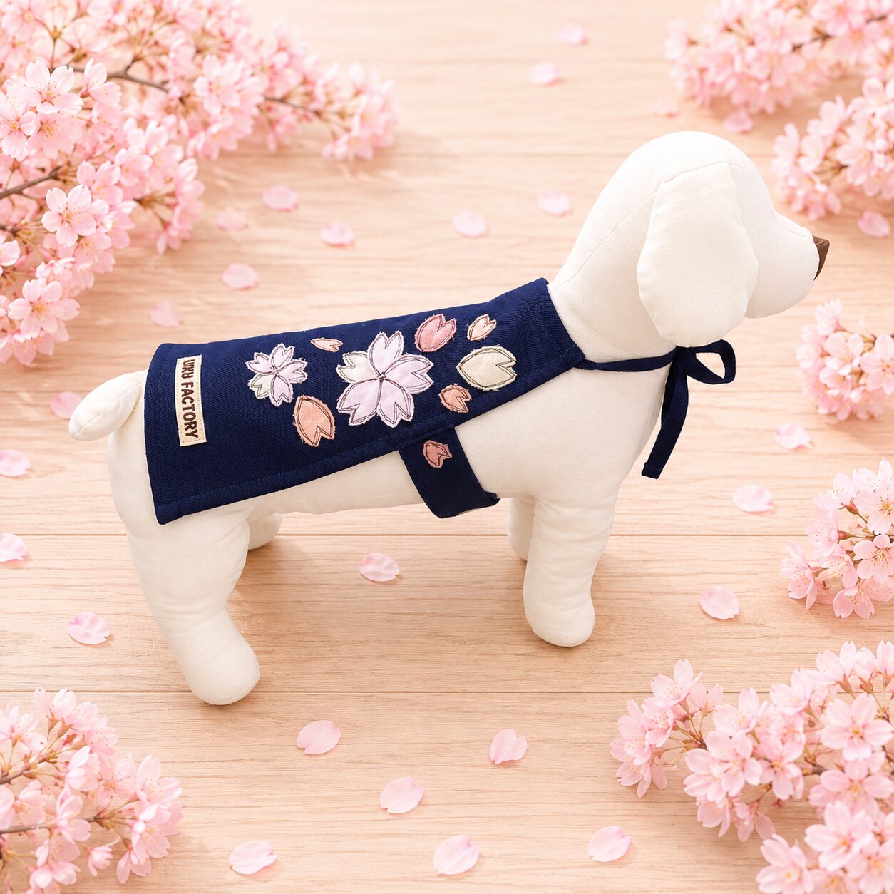 トルソにつけた犬用さくらのアップリケエプロンの右側画像