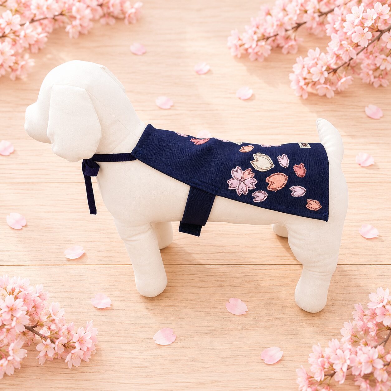 トルソにつけた犬用さくらのアップリケエプロンの右側画像