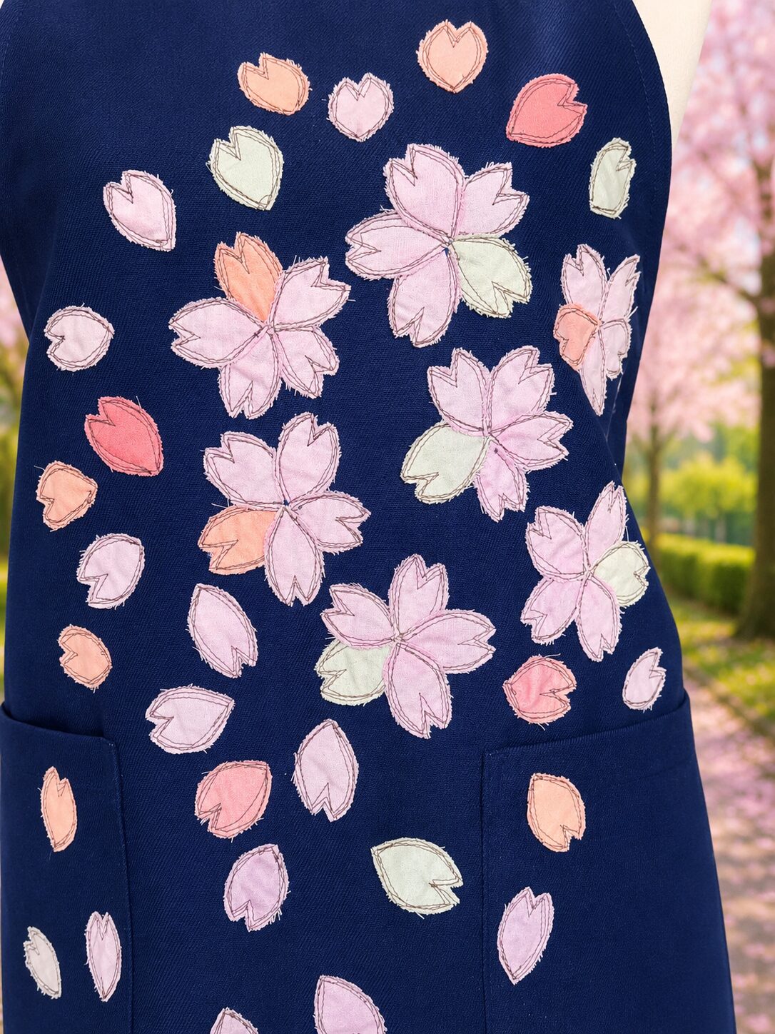 桜-sakuraのアップリケエプロンに縫われた桜の半びらの拡大画像