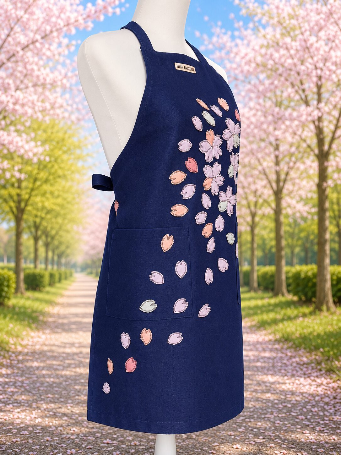 トルソに着せた桜-sakuraの大人用アップリケエプロンの右側画像