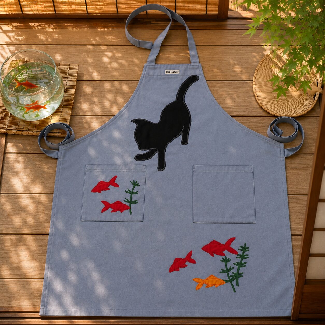 猫と金魚のアップリケエプロンを広げた全体画像