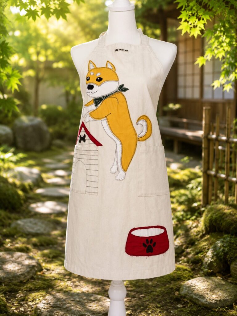 トルソが着た柴犬のアップリケエプロンの正面画像
