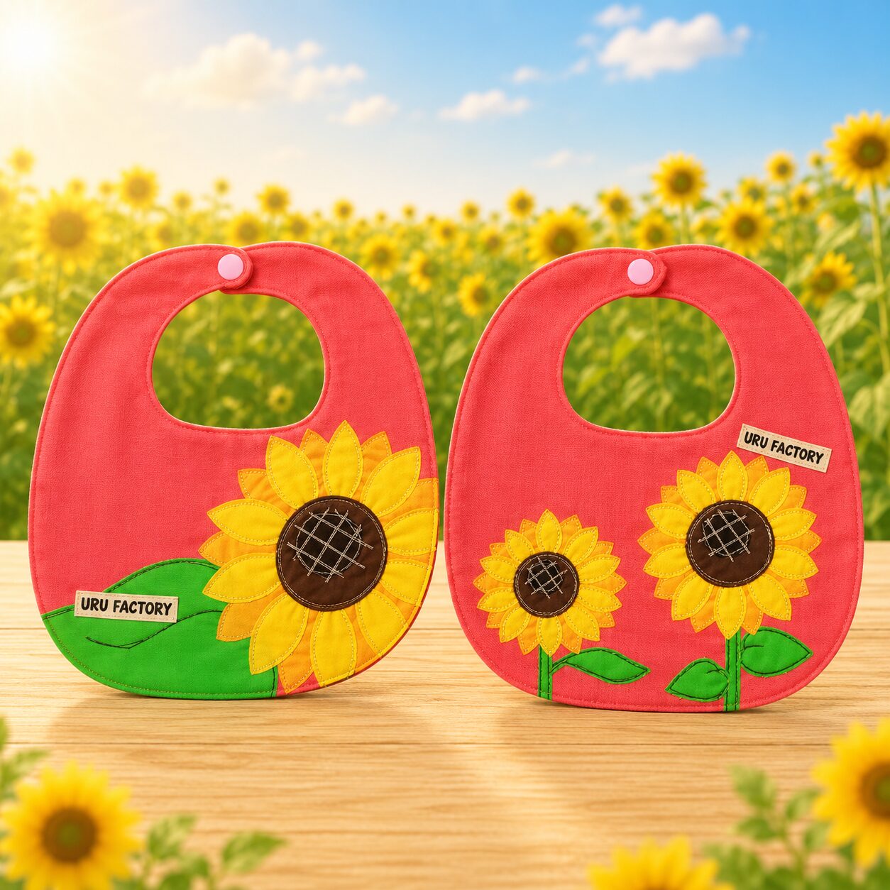 ひまわりのアップリケが縫われたスタイ2枚セット