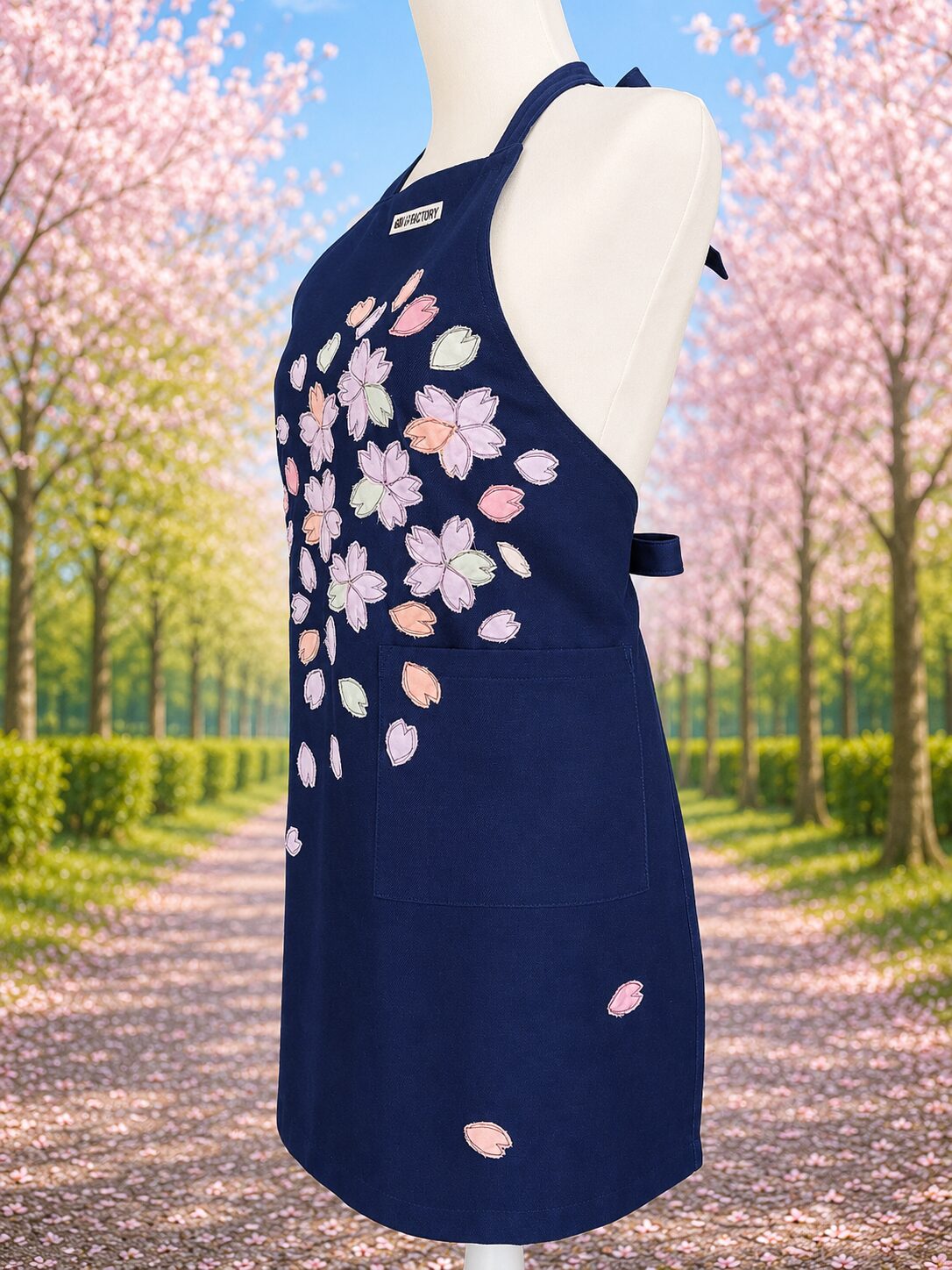 トルソに着せた桜-sakuraの大人用アップリケエプロンの左側画像
