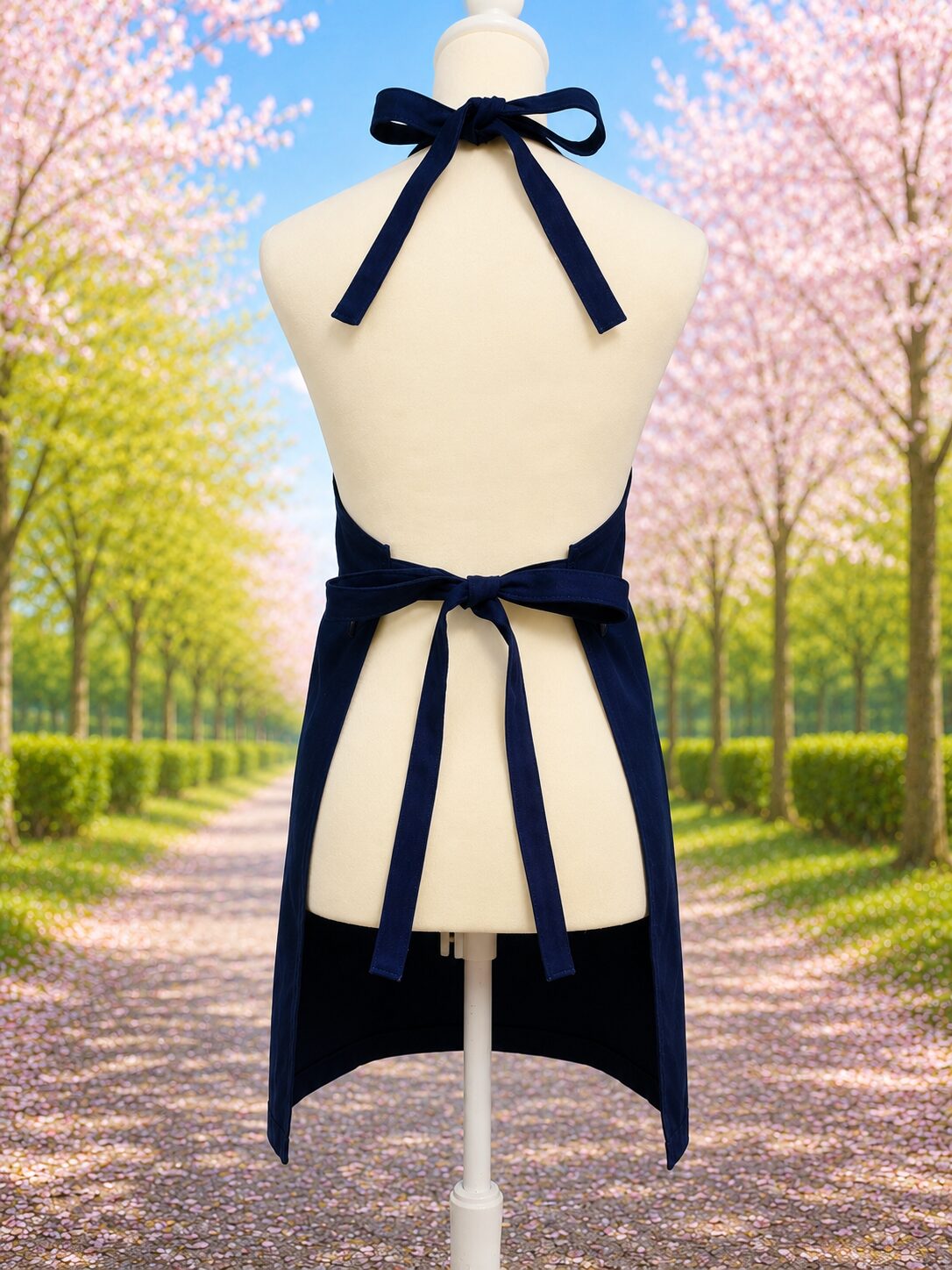 トルソに着せた桜-sakuraの大人用アップリケエプロンの背面画像