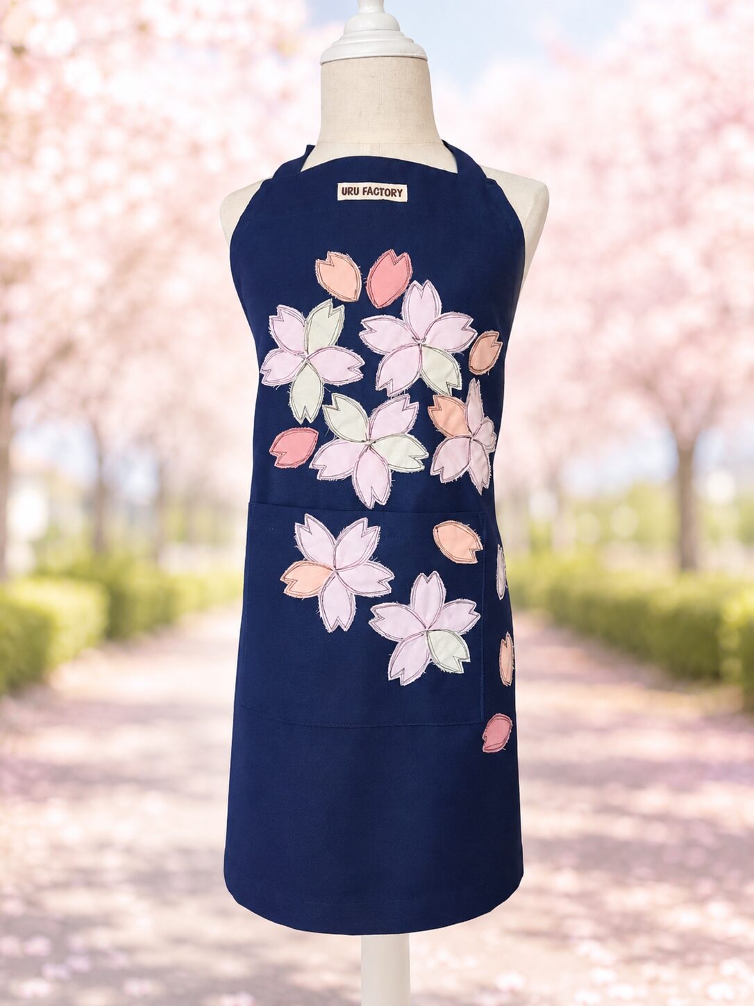 トルソに着せた桜-sakuraの子供用アップリケエプロンの正面画像