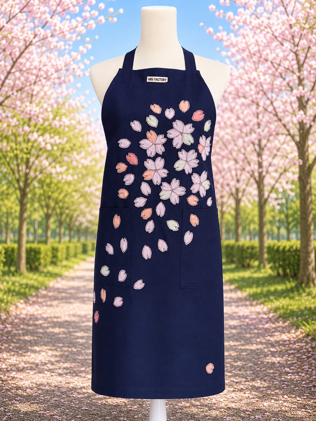 トルソに着せた桜-sakuraの大人用アップリケエプロンの正面画像