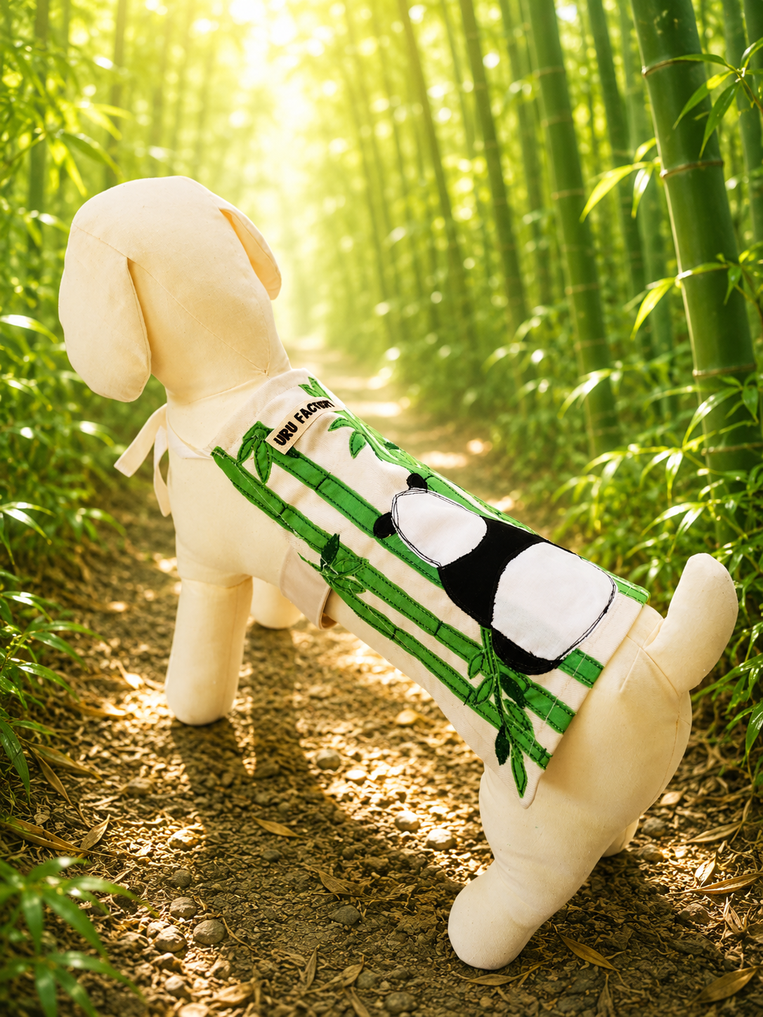 トルソに着せた犬用パンダのアップリケエプロンの左側画像